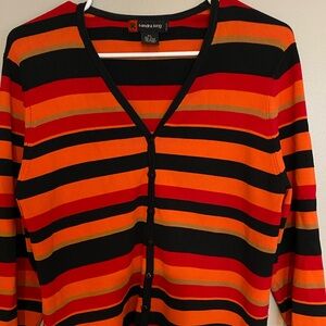 Sandra King, orange, black striped‎ button up sweater women’s size petite large